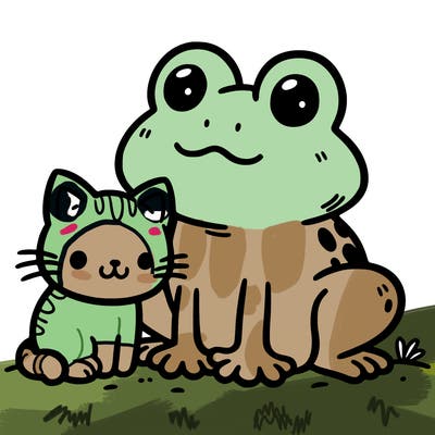 cute frog with a cat and dog