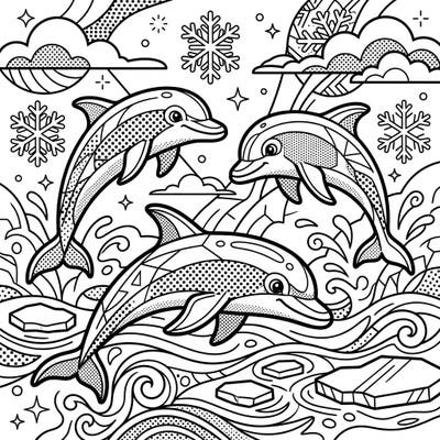 Embark on a creative journey with this unique Pop Art coloring page featuring playful dolphins in a chilly winter scene. Experience the joy of coloring bold lines and halftone patterns as you bring this frosty marine world to life.
