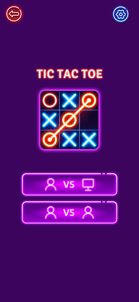 Schermata iniziale dell'app Tris con design neon glow e modalità di gioco per giocatore singolo e due giocatori.