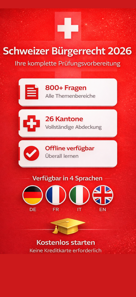 Einbürgerung Schweiz Test 2026 - Pantalla introductoria de la aplicación Swiss Citizenship Test 2026 con detalles de preparación de exámenes para los 26 cantones en 4 idiomas.
