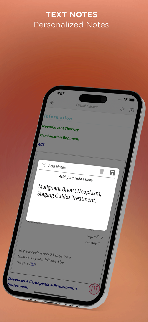 Cancer Chemotherpy Drug Manual - Screenshot of the Cancer Chemotherapy Drug Manual app showing a feature for adding personalized text notes to a breast cancer treatment page.