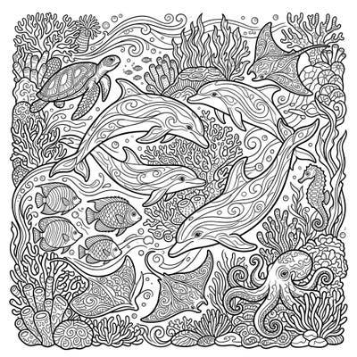 Immerse yourself in the stunning depths of an intricate dolphin habitat with this detailed adult coloring page. Discover a vibrant underwater world teeming with playful dolphins, exotic fish, and rich coral reefs, all waiting for your creative touch.