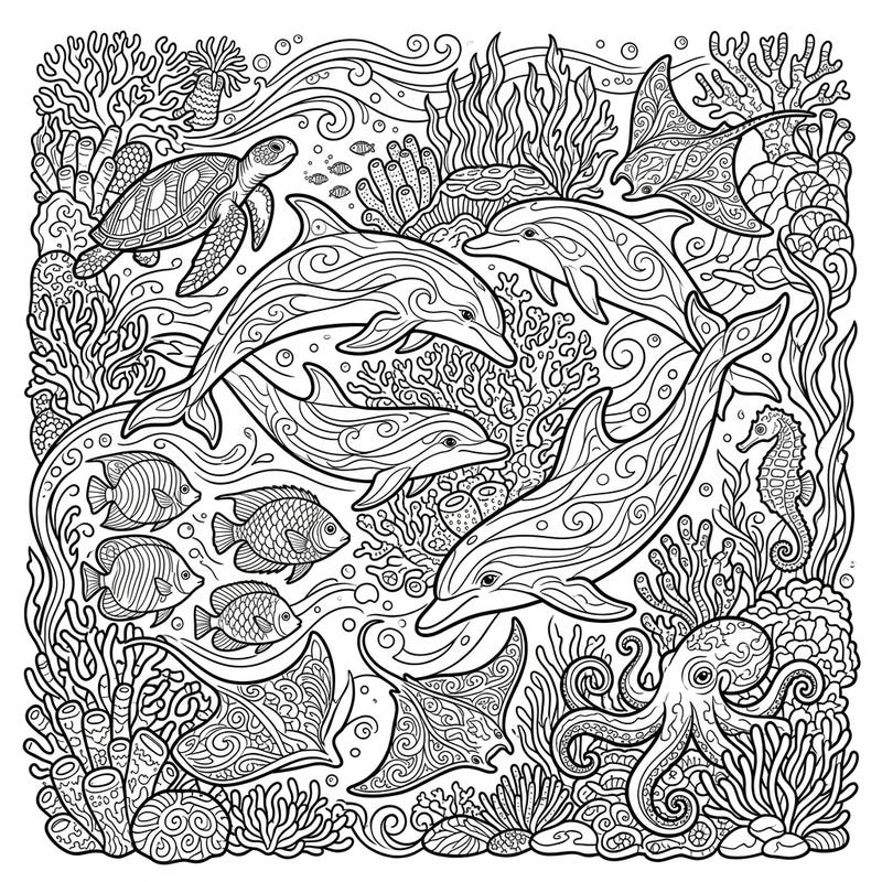 Immerse yourself in the stunning depths of an intricate dolphin habitat with this detailed adult coloring page. Discover a vibrant underwater world teeming with playful dolphins, exotic fish, and rich coral reefs, all waiting for your creative touch.