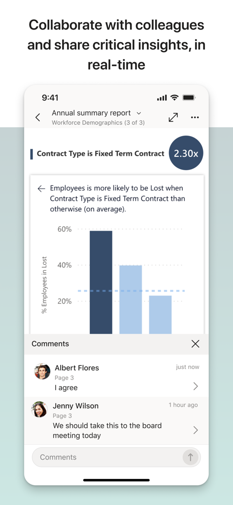 Microsoft Power BI app screen showing a workforce demographics report with a real-time comments section for team collaboration