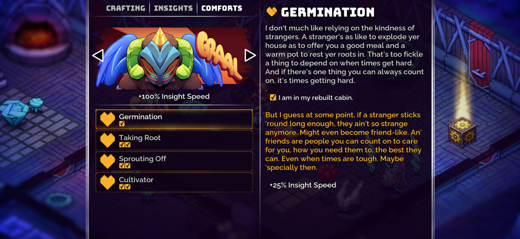 Crashlands 2 comforts menu interface showing the germination buff and character narrative