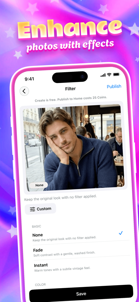 Interface do aplicativo Bovan mostrando filtros profissionais de fotos e ferramentas de edição para uma foto de retrato.