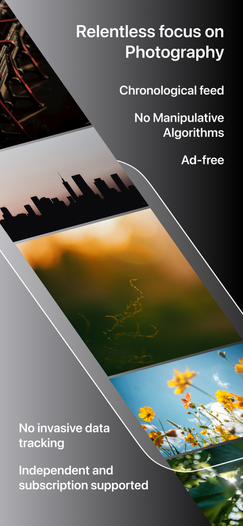 Promotional screen for Glass photography app highlighting ad-free chronological feed and no data tracking