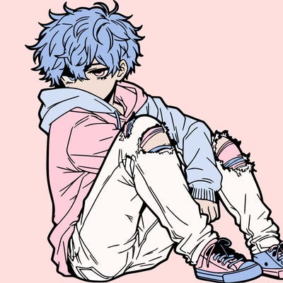 a male hoddie ripped jeans messy hair anime