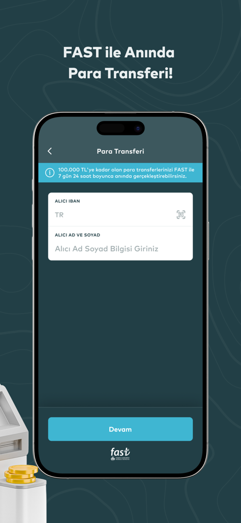 PTTBank mobile app interface showing the money transfer screen with the FAST instant payment feature