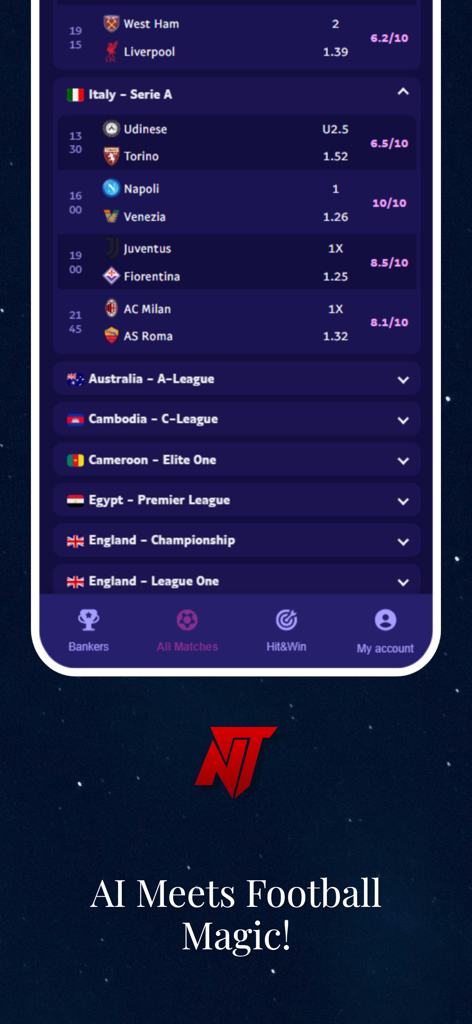 NerdyTips mobile app showing AI-driven soccer betting predictions and match analysis.