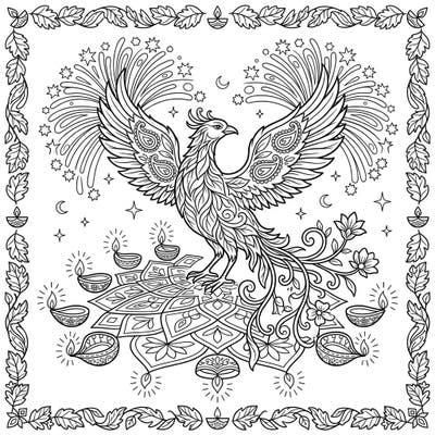 Ignite your creativity with this stunning coloring page featuring a majestic Forest Phoenix celebrating Diwali. Adorned with intricate patterns, glowing diyas, and festive fireworks, it offers a magical coloring experience.