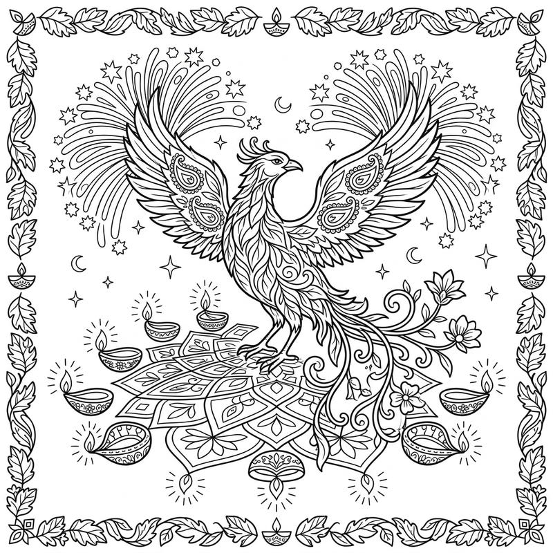 Ignite your creativity with this stunning coloring page featuring a majestic Forest Phoenix celebrating Diwali. Adorned with intricate patterns, glowing diyas, and festive fireworks, it offers a magical coloring experience.