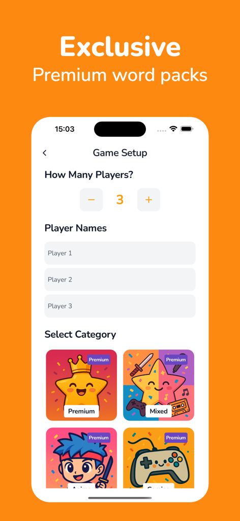 Impostor Who? Secret Word Game - Tela de configuração do jogo mostrando a seleção do número de jogadores e categorias de palavras premium como Anime e Jogos.