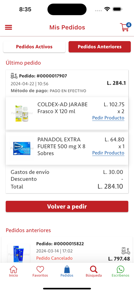 Farmacias Punto Farma - Interfaz de la aplicación Punto Farma mostrando la pantalla del historial de pedidos con detalles del producto y precios en Lempiras.