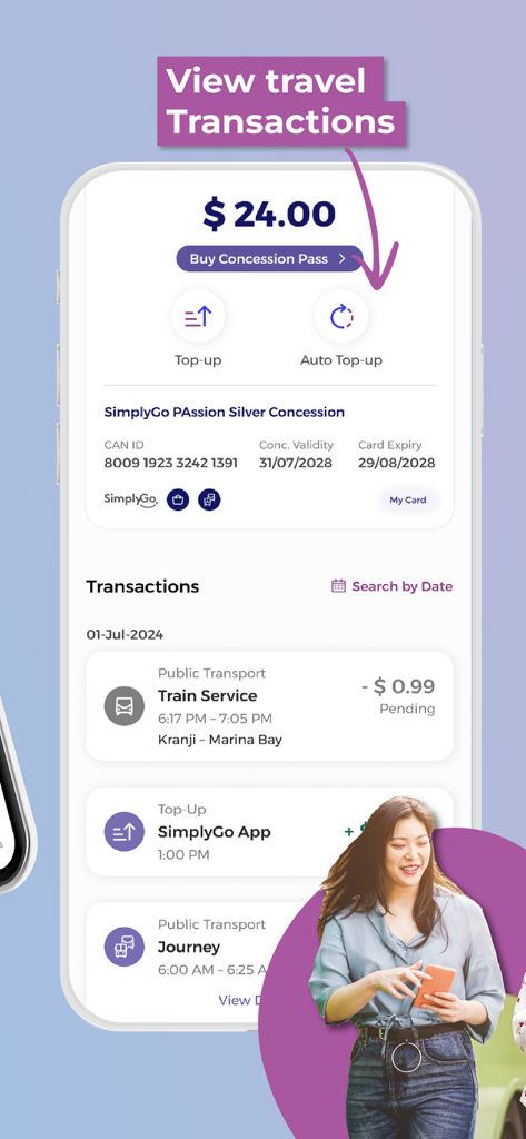 SimplyGo - Interface of the SimplyGo app showing travel transaction history and card balance