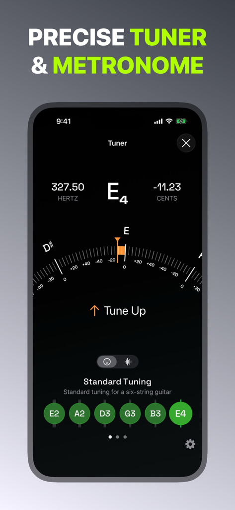 Guitar Wiz: Guitarist Toolkit - Guitar Wiz app interface showing a precise digital guitar tuner with standard tuning frequency and cent indicators.