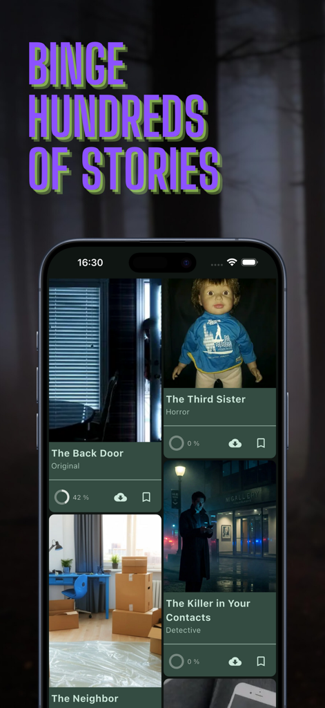 A smartphone screen displaying a library of various horror chat stories available to read in the app.