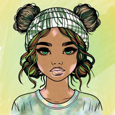 realistic girl with buns in her hair with a beanie on