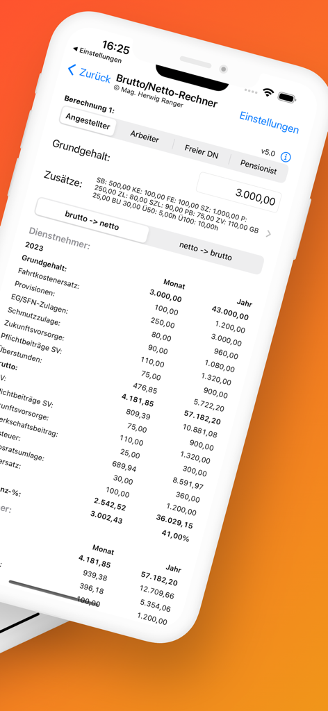 BruttoNetto - Cálculo detallado de salario austriaco en la interfaz de la aplicación BruttoNetto que muestra los ingresos brutos y netos mensuales y anuales