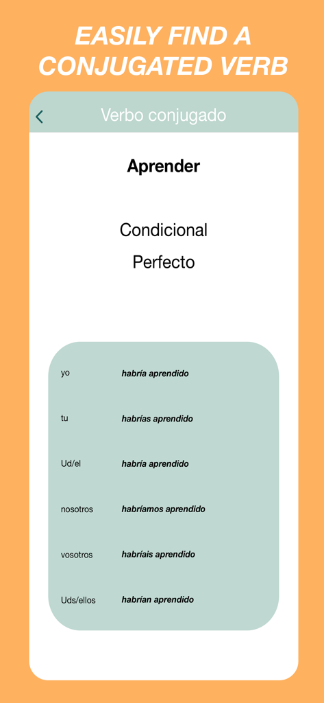 Spanish Verbs Quiz - A conjugation table for the Spanish verb aprender in the conditional perfect tense within the Spanish Verbs Quiz app.