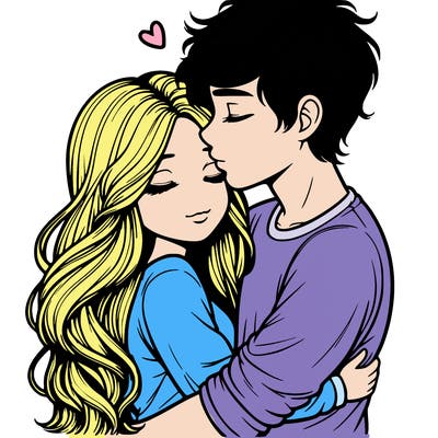 a realistic couple boy and girl hugging and kissing