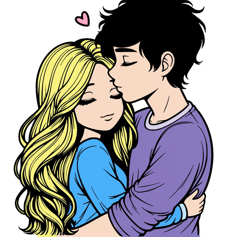 a realistic couple boy and girl hugging and kissing