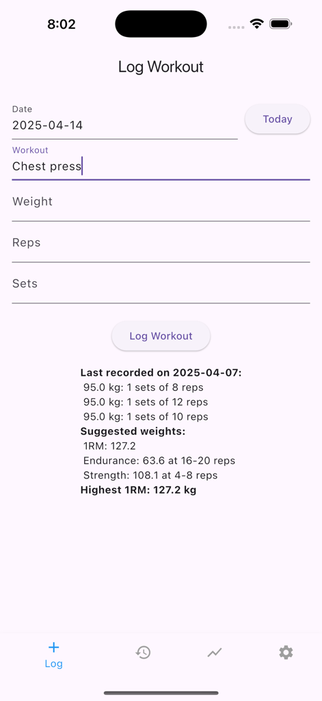 Simply Workout Tracking app screen showing a log workout form for chest press