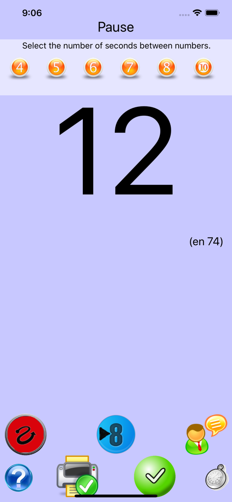 Bingo 75 app pause screen showing game speed selection and current number twelve