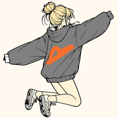 realistic girl jumping with a bun and oversized sweatshirt