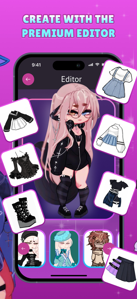 GachaHub - Mods for Gacha Life - A mobile screenshot of GachaHub showing the premium editor with a customizable aesthetic character and various outfit options