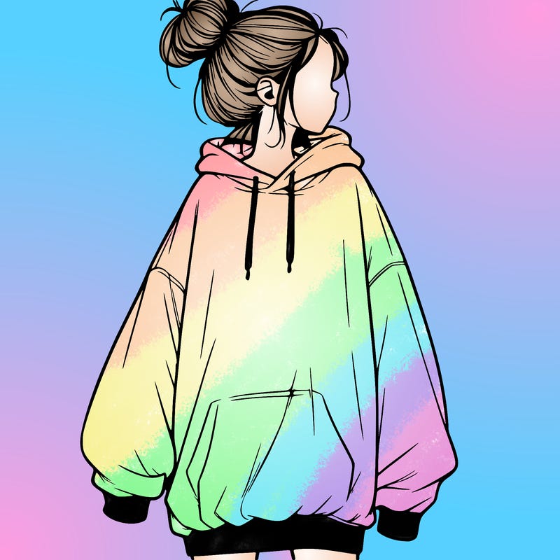 realistic girl with a oversized sweatshirt on and a bun