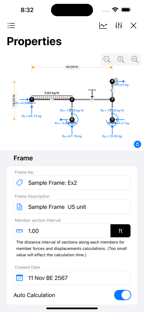 A-Frame - A-Frame app interface showing a 2D structural frame diagram with loads and reactions above property settings