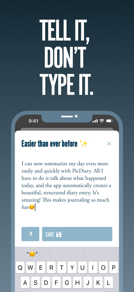 Photo Journal: Pic Diary - A mobile screenshot of the Pic Diary app showing how AI converts speech into a structured journal entry