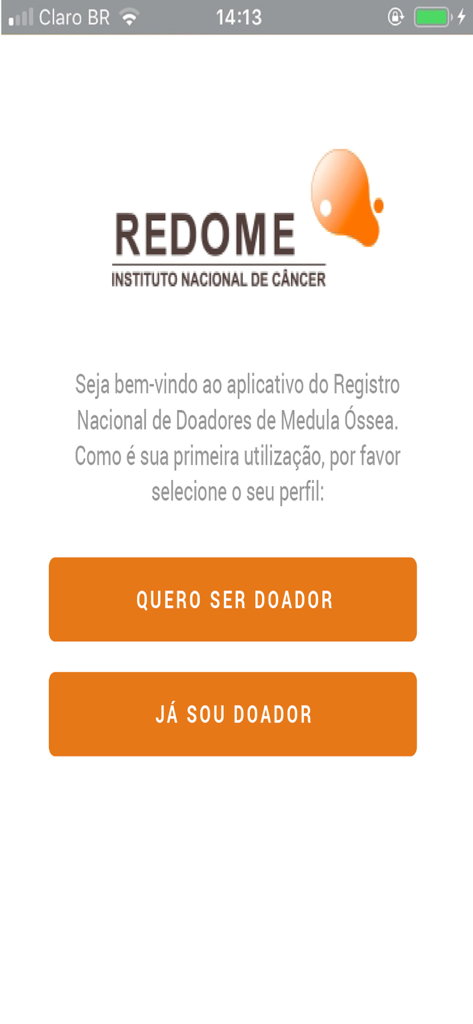 Welcome screen of the REDOME bone marrow donor registry app with options to sign up or log in as a donor.