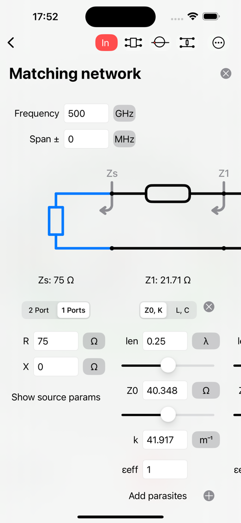 Smith Charts - Interface of the Smith Charts app showing matching network design tools and circuit parameters