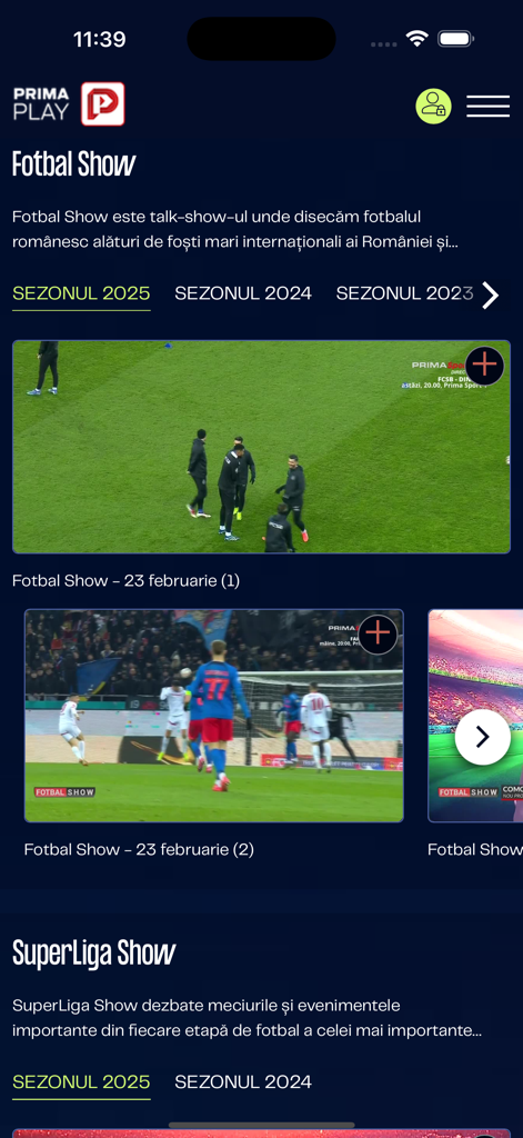 Screenshot of Prima Play app interface showing Romanian football shows and soccer match videos