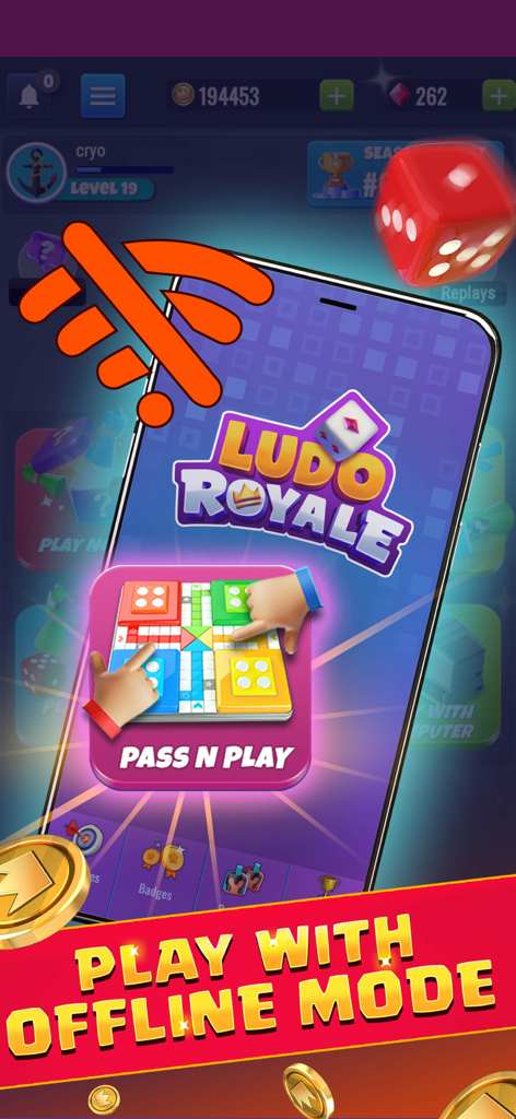 Ludo Royale: Dice Board Game - Juego de mesa Ludo Royale destacando el modo offline de pasar y jugar