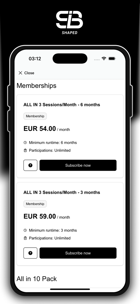 Shaped - Mitgliederseite der Shaped Fitness-App, die monatliche Abo-Pläne und Preise zeigt.