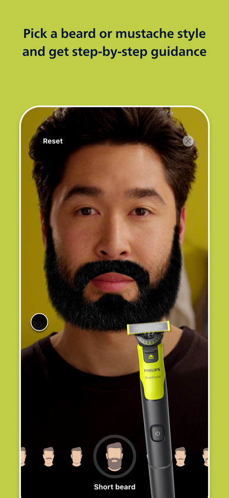 Philips OneBlade (Daily Care) - A man using the Philips OneBlade app augmented reality feature to try on a short beard style for step by step guidance