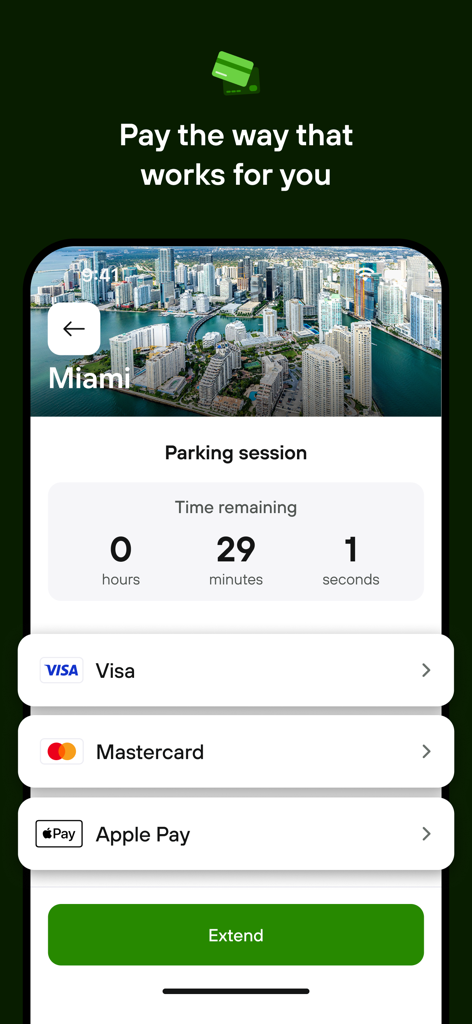 PayByPhone app interface showing a parking session in Miami with various payment options and an extend button