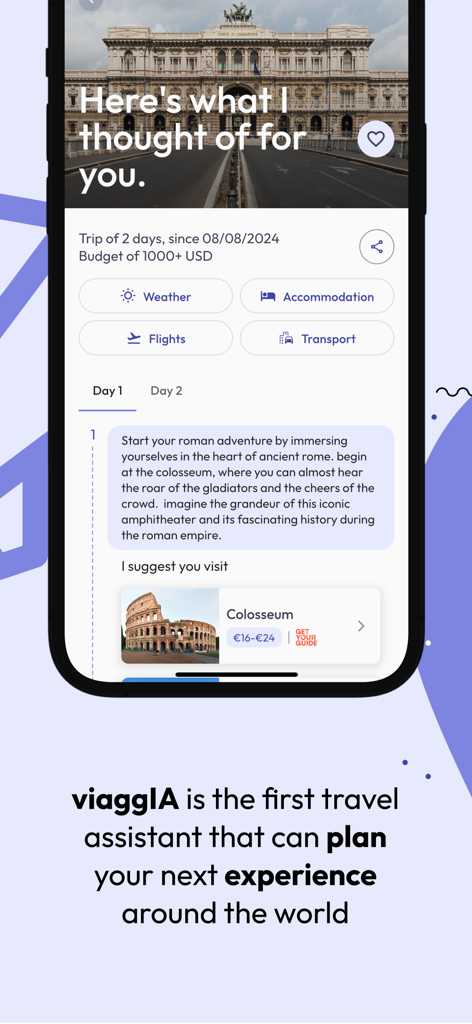 AI 여행 플래너 앱으로 로마의 맞춤형 다일 일정, 예산 및 명소 추천을 보여줍니다.