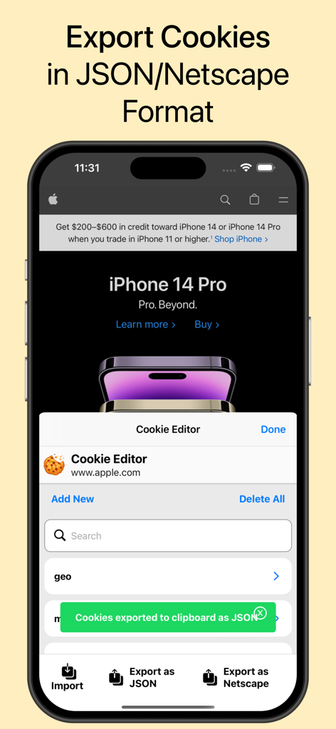 Safari cookie editor app interface showing export cookies in JSON format