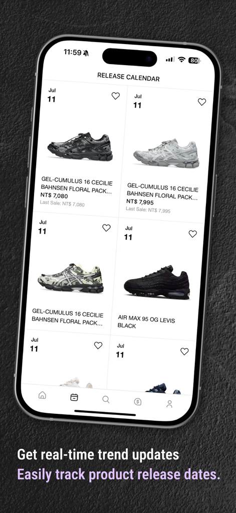 AREA 02: Hype Culture Exchange - AREA 02アプリが、今後のフットウェア発売日と価格が記載されたスニーカーリリースカレンダーを表示しています