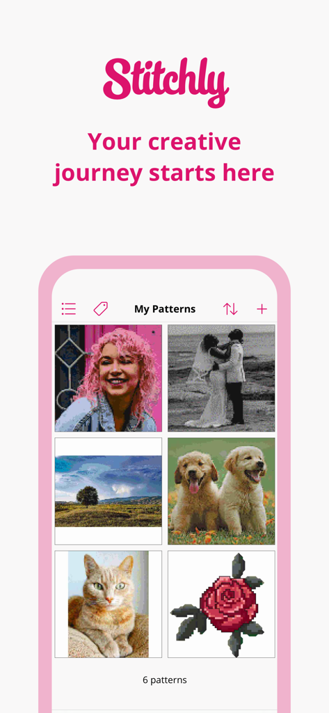 Stitchly: Cross stitch - Stitchly app showing the My Patterns screen with a gallery of custom cross stitch designs created from photos