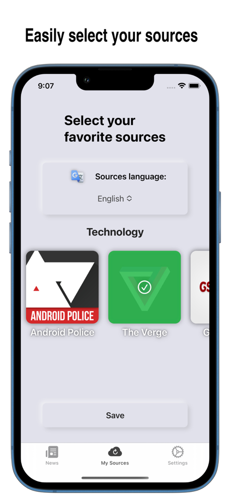 GoNews: news without adds - GoNews app screen for selecting favorite news sources like The Verge and Android Police.