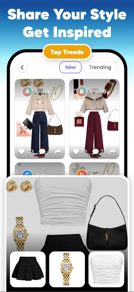 Combyne & Ai Try On - WearUp! - WearUp app interface showing top fashion trends and community outfit sharing for style inspiration