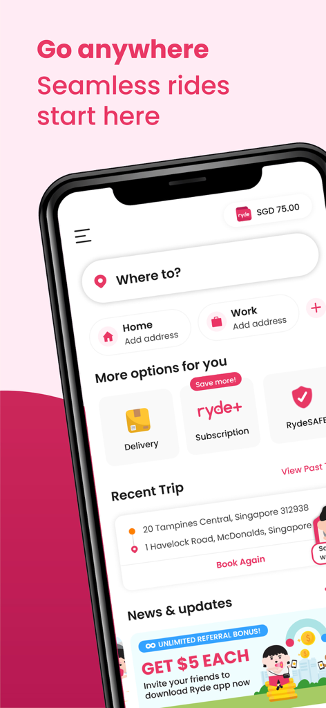 RYDE - Ride Hailing & More - RYDE app home screen showing ride booking and delivery services
