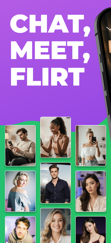 Interface de l'application Camfrog présentant une grille de photos de profil d'utilisateurs et le texte Chat Meet Flirt