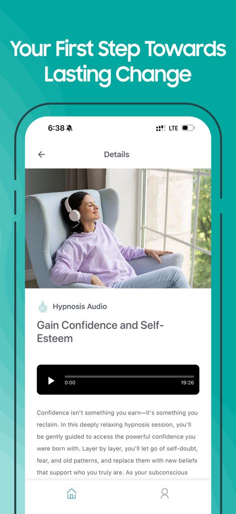 Inner Belief - Inner Belief app interface showing a hypnosis audio session for building confidence and self-esteem