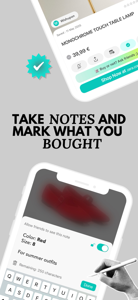 WISHUPON - Shopping Wishlist - WISHUPON app interface showing how users can take notes on items and mark them as bought